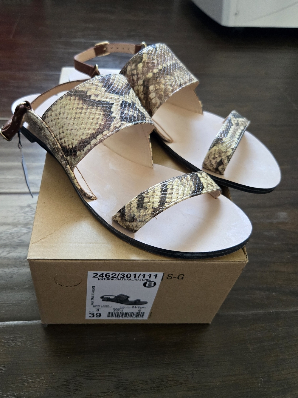 NEW ZARA Pala Tiras Serpiente Snake Print Sandals Natural Cream Brown Size 8 39